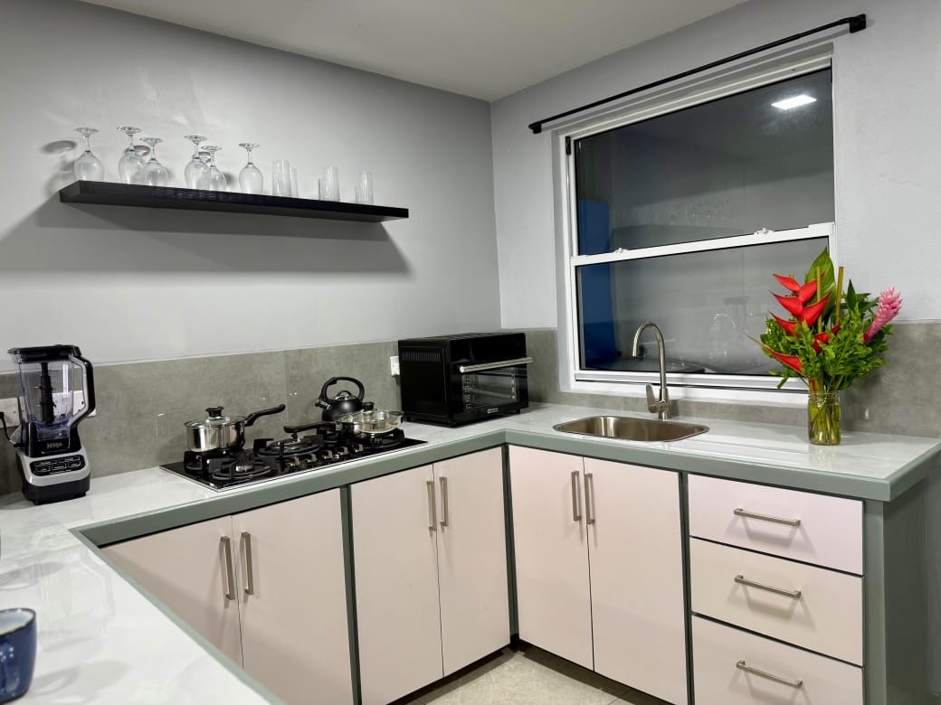 modern kitchen with lots of countertop and cabinet space 